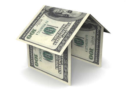 simple house icon made of folding US one hundred dollar bilsの写真素材