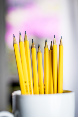 A group of yellow pencils in a white cup with a blurred backgroundの写真素材