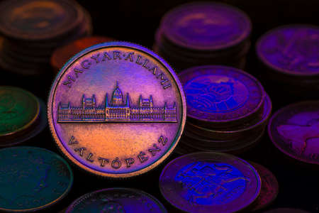 Hungarian 50 Pengo Coin Obverse Macro Blue Orangeの写真素材