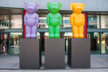 Madrid, Spain - April 5, 2016, Ifema, art and gastronomy fair. That colorful statues of bears decorate the outside patio of the surface Where the great gastronomy fair is held.のeditorial素材