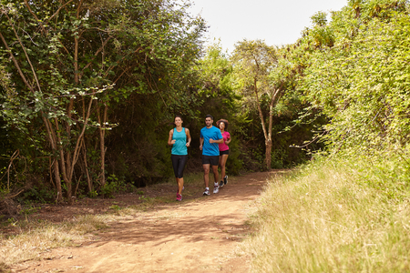 Group of three young people jogging a natural trail in daylight surrounded by trees and bushes in the late morning wearing t-shirts and black pantsの写真素材