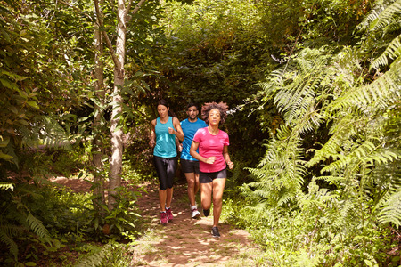 A boy and two girls running on a jogging trail surrounded by trees from behind in the late morning shadows wearing t-shirts and black pantsの写真素材