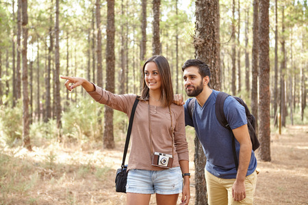 Two happy friends looking at something in the dappled afternoon sunshine surrounded by pine trees while wearing casual clothingの写真素材