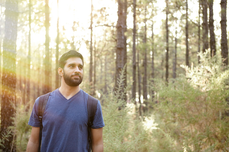 Young man looking around him and listening to the wind in the pine trees of a plantation while wearing casual clothing and a backpackの写真素材