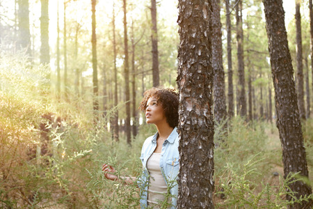 Young girl looking up and listening to the pine trees in a forest behind a tree while wearing casual clothingの写真素材