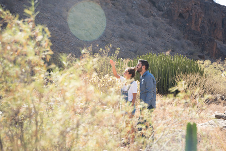 Couple standing in long brown grass on a mountain path, they are pointing up towards the horizon as the sun beats down on themの写真素材