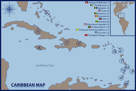 Caribbean Map with Flags and Locationのイラスト素材