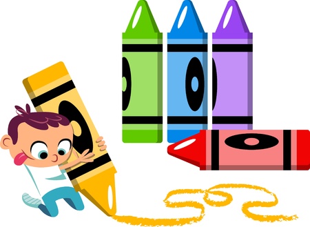 An illustration of a cute little boy drawing with crayonsのイラスト素材