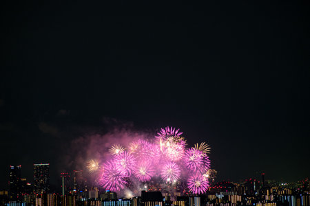View of fireworks during a summer festival with a clear sky night (Toyonaka, Osaka, Japan) (20221203-008)の写真素材