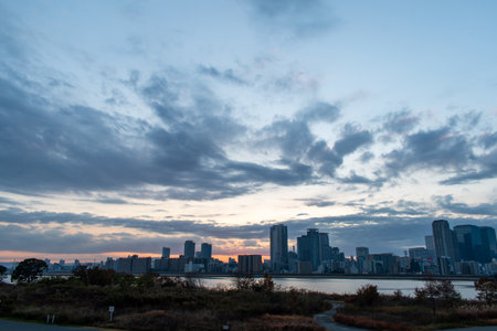 Riverside dawn view with a blue sky, some plants, and some buildings in the background (Umeda, Osaka, Japan) (20221208-011)の写真素材