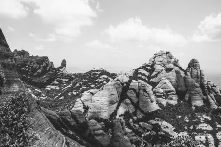 Hiking in the sandstone mountains of Montserrat near Barcelonaの写真素材