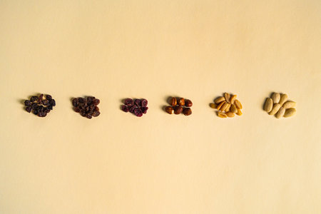 Mix of nuts and dried fruits separated by type and color on a yellow background. Raisins, dried...