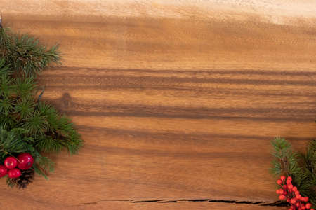Long Christmas border banner of red holly ornaments, branches and pine conesの写真素材
