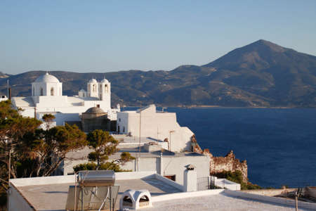 seascape with white Greek houses landscape with white rooftopsの写真素材