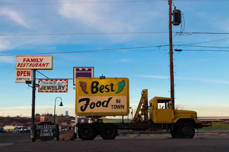 Holbrook, Arizona - January 5th, 2022: Old Vintage crane truck with yellow signのeditorial素材