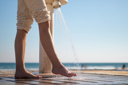 Woman wetting her feet with a shower to clean them from the sandの写真素材