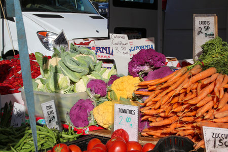Outdoors street fresh fruit and vegetables farmers marketの写真素材