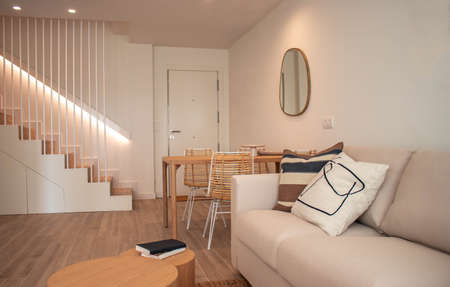 Modern scandinavian living room interior design warm colorsの写真素材