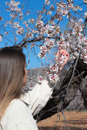Young woman touching scented white and pink flowersの写真素材