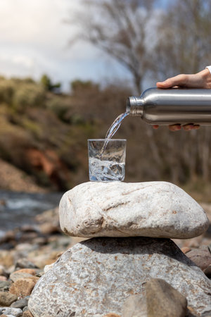 Water from reusable metal bottle in glass cup representing the day of the earthの写真素材