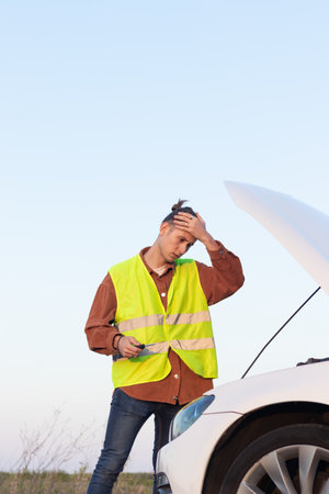 Tired man with problems tries to repair a broken car with the open hood and copy space aroundの写真素材