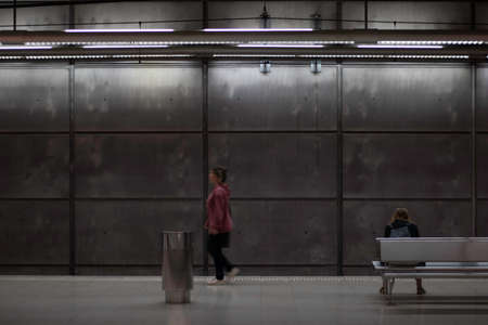 BILBAO, SPAIN-MAY, 5TH, 2022: Horizontal view of people in the underground station walking in blurred motionのeditorial素材