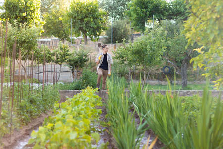Front view of young farmer man with a hoe and with a fresh orchard garden in the front with plenty different vegetablesの写真素材