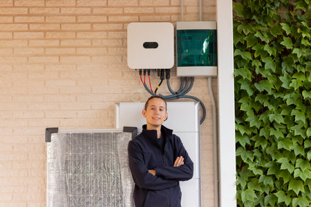 Front view of young man worker technician looking to camera with arms crossed with a solar system behindの写真素材