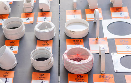 Zaragoza, Spain, 17th September 2022: Ventilation products on display in a warehouse