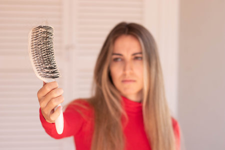 Selective focus of side view hair brush with a lot of fallen hair on it and young woman on red in the blurred backgroundの写真素材