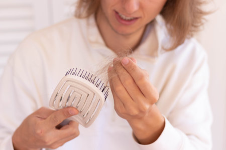 Unrecognizable young man with long hair upset and disappointed because of his hair loss shown on the hair brushの写真素材