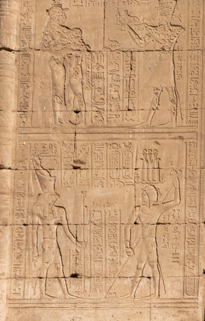 Close up view of traditional Egyptian hieroglyphics on the wall in Horus Edfu temple in Aswan, Egyptの写真素材