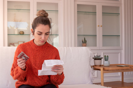 Focused woman examining drug package leaflet for prescribed medicine while sitting at home holding bluster of capsulesの写真素材