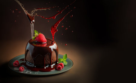 Appetizing sweet coulant with chocolate syrup splash strawberry on top and raspberries on plate with mint leaves against dark background. Generative AI.の素材