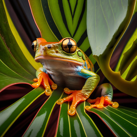 Closeup of colorful tropical treefrog resting on large green leaf in forest created with generative AI technologyの素材