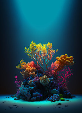 Colorful coral reef growing under blue ocean with slight sunlight created with generative AI technologyの素材
