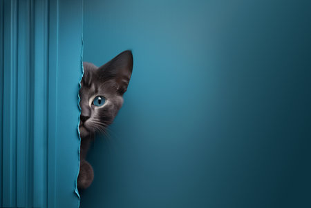 Frightened cat peeking out from behind corner on blue wall background created with generative AI technologyの素材