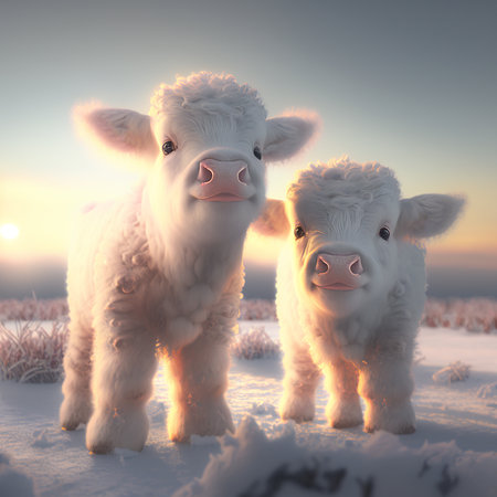 Cute white domestic little cows with pink noses looking at camera on snowy field against sunset sky AI generatedの素材