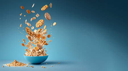 Floating muesli cereals bits over ceramic blue bowl near heap with crumbs on blue background generative AIの素材
