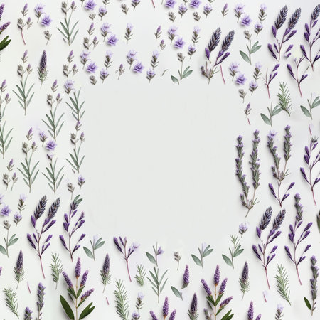 Empty space surrounded by purple flowers with green leaves on white background generative AI illustrationの素材