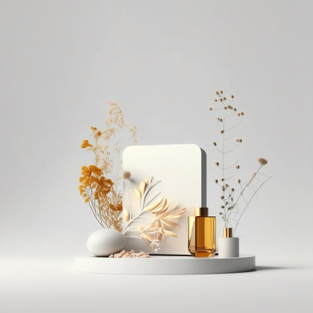 Perfume glass bottle placed on white surface near dried flowers and empty frame against gray background generative AIの素材