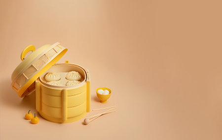 Dumplings placed on yellow bamboo steamer near eggs in bowl and chopsticks against brown background generative AI illustrationの素材