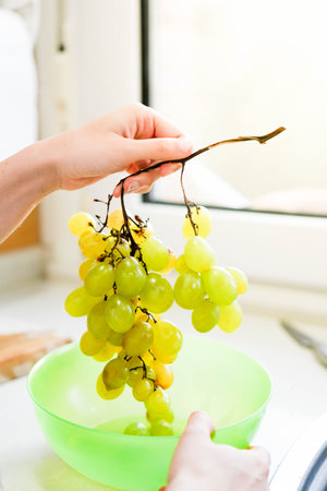 Vertical view of fresh bunch of grapes being held by white hand in the kitchen from green bowlの写真素材