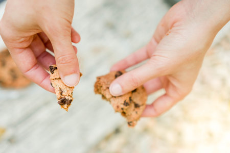 Close up top view of split chocolate cookie held by white hands in blurred background.の写真素材