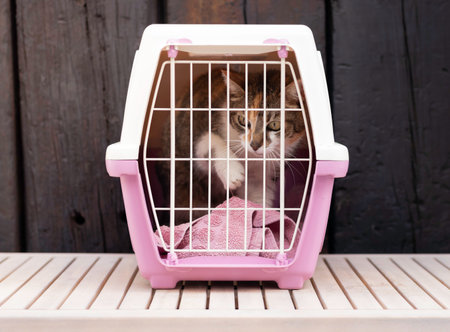 Cat looking outside from inside an animal carrier in white and pink color supported on wooden table in black backgroundの写真素材