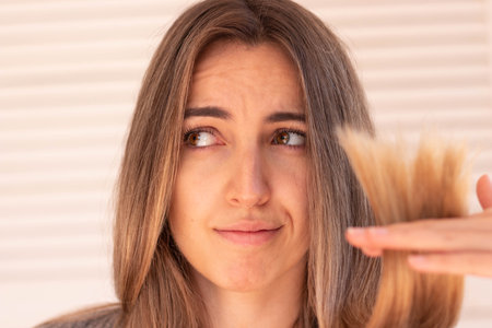 Close up view of young blond woman with worried face in selective focus with long hair holding it showing how damage and dry it isの写真素材