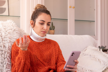 Discontent young female in warm sweater with cervical collar on neck talking via video call with medical practitioner on smartphone during online consultationの写真素材