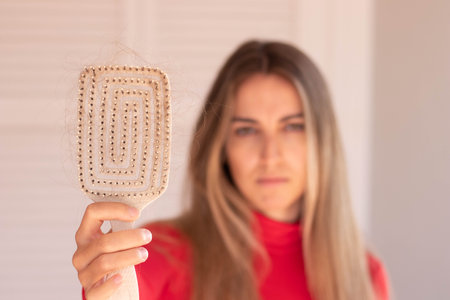 Selective focus of blonde hair loss in a maze shape hair brush with unfocused young woman in the backgroundの写真素材