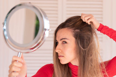 Young beautiful woman looking to the mirror dealing with alopecia beacause of bleaching unhealthy treatmentsの写真素材