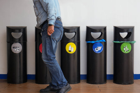 Frontal angle, captures a partial view of an adult male standing next to four color-coded recycling bins in an indoor setting. The man, dressed in a light blue shirt and dark jeans, stands to the left of the frame, with only his lower body visible.の写真素材